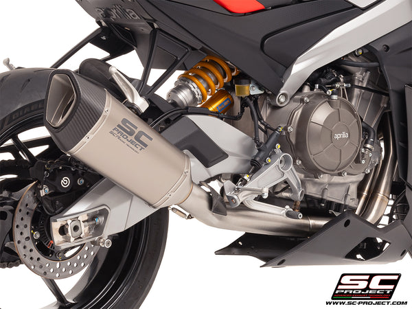 Aprilia RS 660 with SC-Project Stainless steel full exhaust system, with SC1-R titanium exhaust, detail view