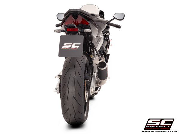 Aprilia Tuono 660 with SC-Project 2-1 Titanium full exhaust system, with CR-T carbon exhaust, back view