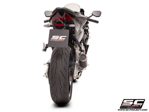 Aprilia Tuono 660 with SC-Project 2-1 stainless steel full exhaust system, with CR-T carbon exhaust, back view