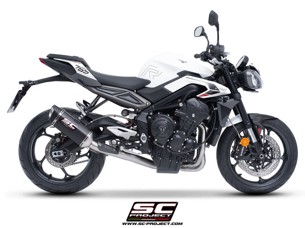 Triumph Street Triple 765 R - RS with SC-Project 3-1 Stainless steel full exhaust system, with SC1-S carbon exhaust, side view
