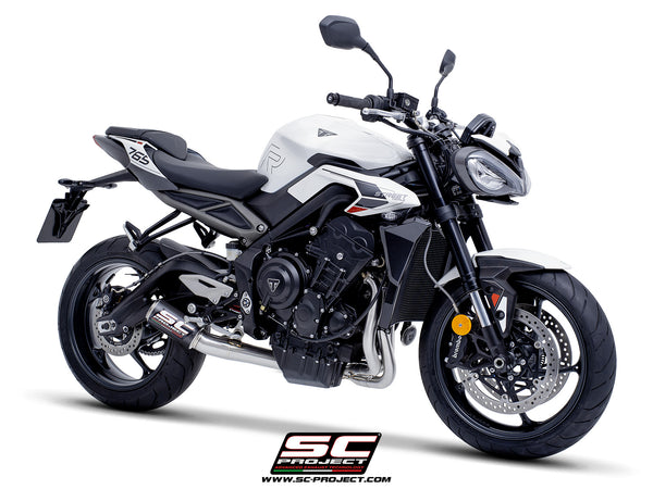 Triumph Street Triple 765 R - RS with SC-Project 3-1 Stainless steel full exhaust system, with CR-T carbon exhaust with stoneguard grid, 3/4 front view