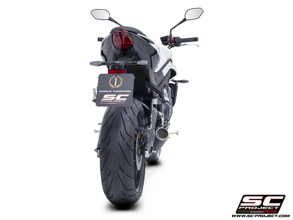 Triumph Street Triple 765 R - RS with SC-Project 3-1 Stainless steel full exhaust system, with CR-T carbon exhaust with stoneguard grid, back view