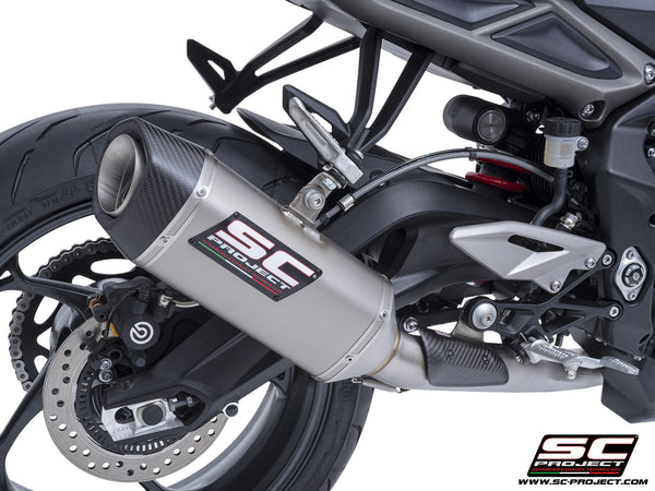 Triumph Street Triple 765 R - RS with SC-Project 3-1 Stainless steel full exhaust system, with SC1-S titanium exhaust, detail view