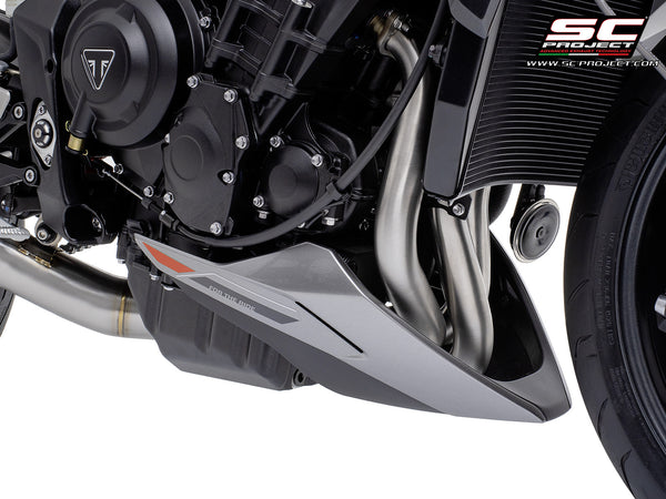 Triumph Street Triple 765 R - RS with SC-Project 3-1 Stainless steel full exhaust system, with SC1-S titanium exhaust , belly pan view