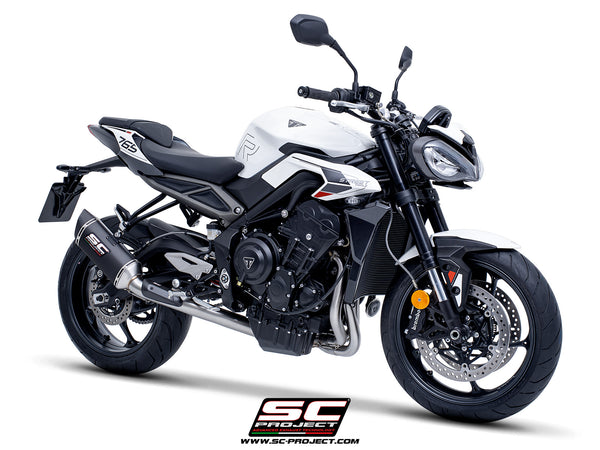 Triumph Street Triple 765 R - RS with SC-Project 3-1 Stainless steel full exhaust system, with SC1-S carbon exhaust with stoneguard grid, 3/4 front view