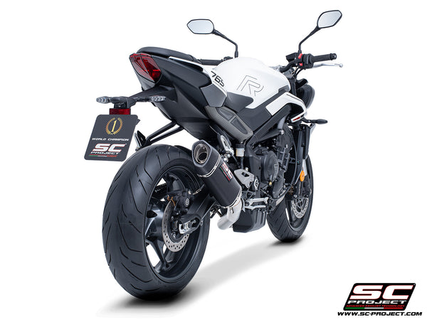 Triumph Street Triple 765 R - RS with SC-Project 3-1 Stainless steel full exhaust system, with SC1-S carbon exhaust with stoneguard grid, rear view