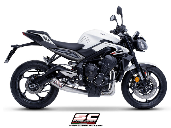 Triumph Street Triple 765 R - RS with SC-Project 3-1 Stainless steel full exhaust system, with CR-T titanium exhaust with stoneguard grid, side view