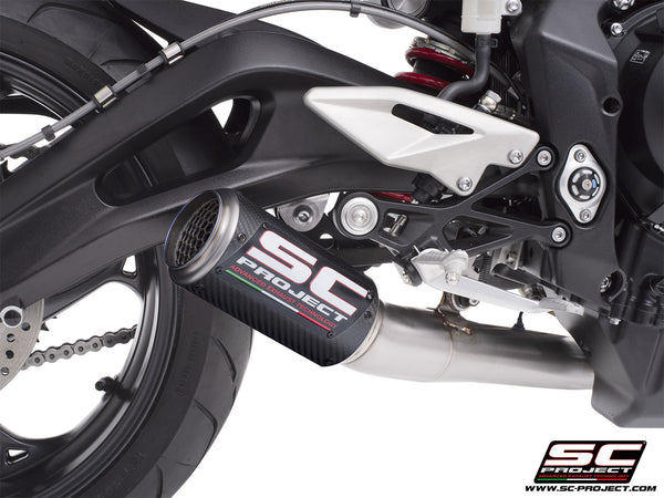 Triumph Street Triple 765 R - RS with SC-Project 3-1 Stainless steel full exhaust system, with CR-T carbon exhaust with stoneguard grid, detail view