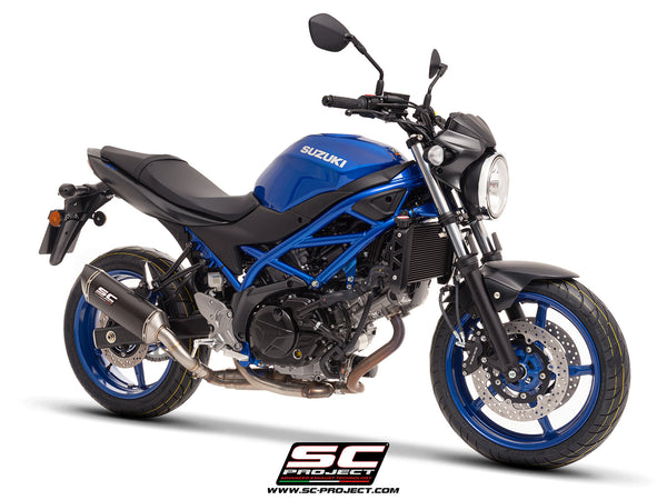 Suzuki SV650 M.Y. 2025 with SC-Project SC1-S carbon exhaust, 3/4 front view
