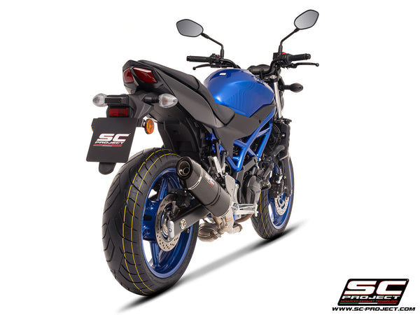 Suzuki SV650 M.Y. 2025 with SC-Project Oval carbon exhaust, rear view