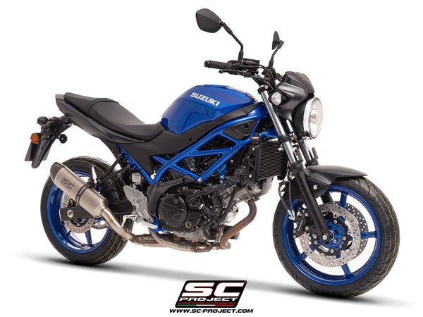 Suzuki SV650 M.Y. 2025 with SC-Project Oval titanium exhaust, 3/4 front view