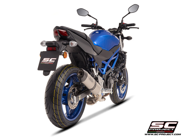 Suzuki SV650 M.Y. 2025 with SC-Project Oval titanium exhaust, rear view