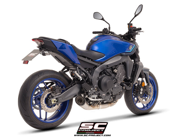 YAMAHA MT-09 (2024 - 2025) with SC-Project S1 stainless steel exhaust, 3/4 rear view