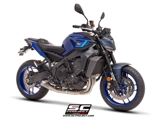 YAMAHA MT-09 (2024 - 2025) with SC-Project CR-T titanium exhaust, 3/4 front view