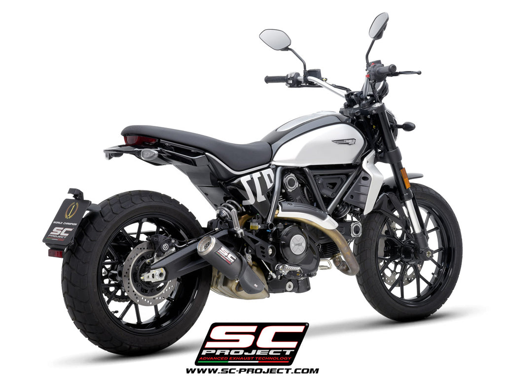 Ducati Scrambler 800 with SC-Project CR-T carbon exhaust, with stoneguard grid, 3/4 rear view
