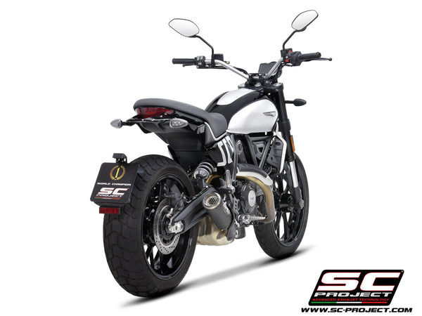 Ducati Scrambler 800 with SC-Project CR-T carbon exhaust, with stoneguard grid, rear view