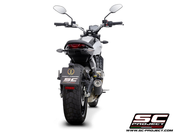 Ducati Scrambler 800 with SC-Project CR-T carbon exhaust, with stoneguard grid, back view
