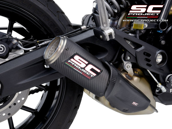 Ducati Scrambler 800 with SC-Project CR-T carbon exhaust, with stoneguard grid, detail view
