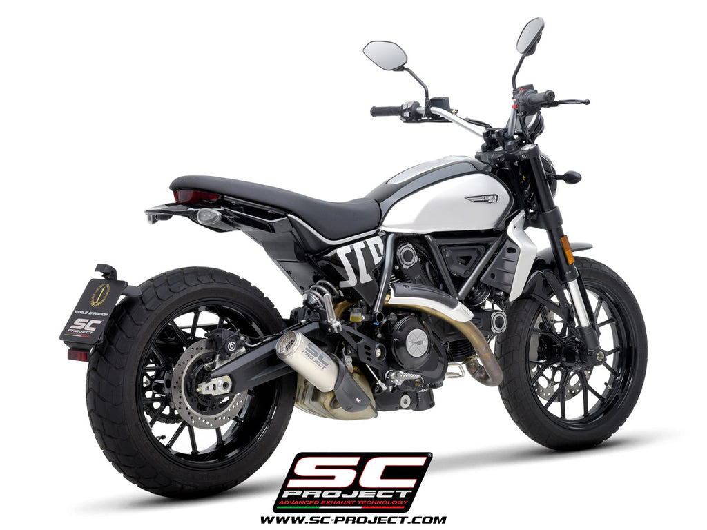 Ducati Scrambler 800 with SC-Project CR-T titanium exhaust, with stoneguard grid, 3/4 rear view