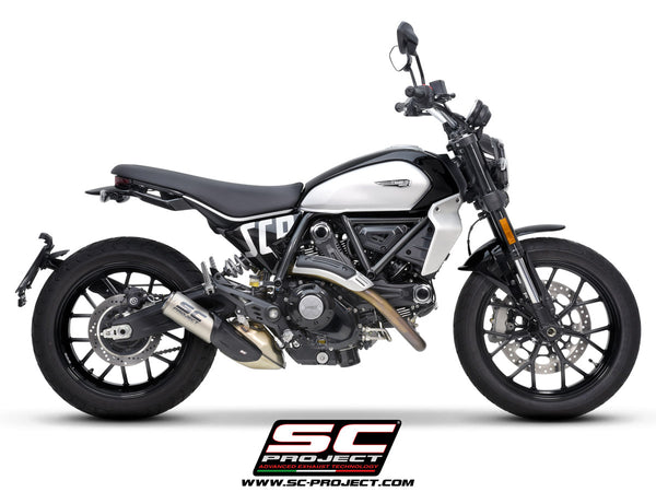 Ducati Scrambler 800 with SC-Project CR-T titanium exhaust, with stoneguard grid, side view