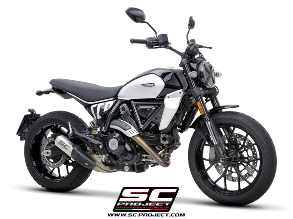 Ducati Scrambler 800 with SC-Project CR-T titanium exhaust, with stoneguard grid, 3/4 front view