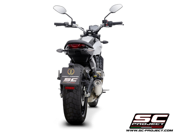 Ducati Scrambler 800 with SC-Project CR-T titanium exhaust, with stoneguard grid, back view