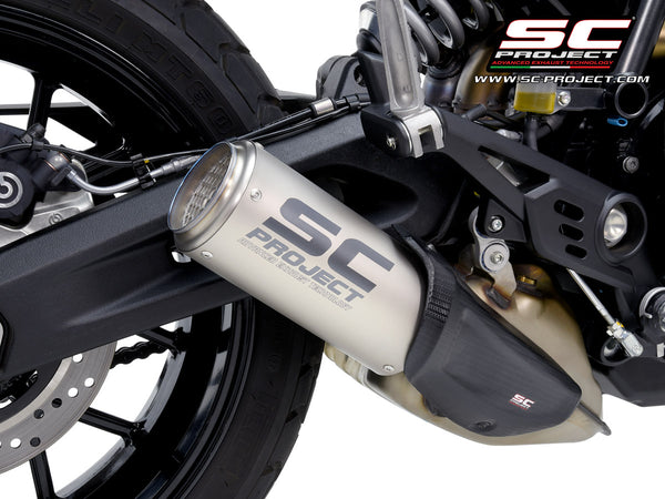 Ducati Scrambler 800 with SC-Project CR-T titanium exhaust, with stoneguard grid, detail view