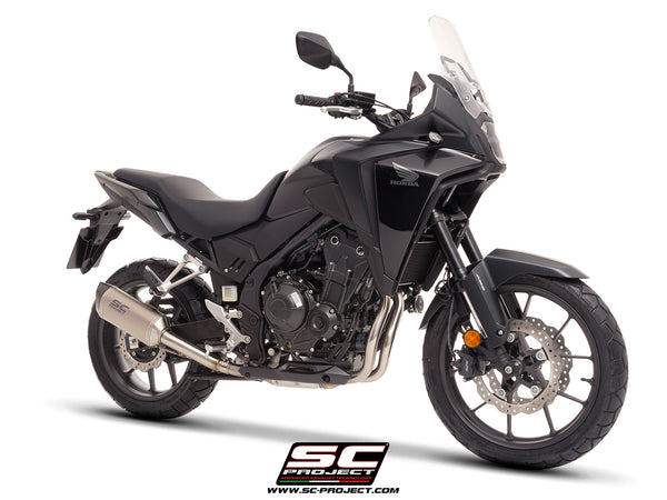 Honda NX500 with SC-Project SC1-S titanium exhaust, 3/4 front view