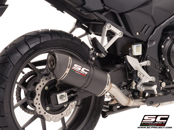 Honda NX500 with SC-Project Ovaal carbon exhaust, detail view
