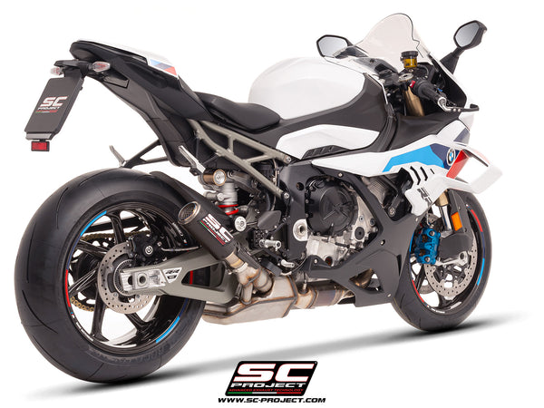 BMW S 1000 RR with SC-Project CR-T carbon exhaust, with stoneguard grid, 3/4 rear view