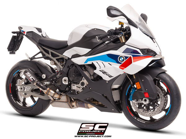 BMW S 1000 RR with SC-Project CR-T carbon exhaust, with stoneguard grid, 3/4 front view