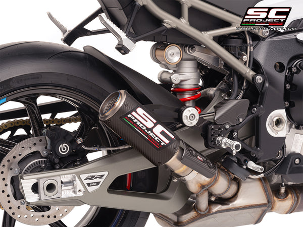 BMW S 1000 RR with SC-Project CR-T carbon exhaust, with stoneguard grid, detail view