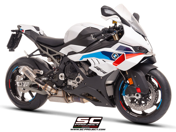 BMW S 1000 RR with SC-Project CR-T titanium exhaust, with stoneguard grid, 3/4 front view