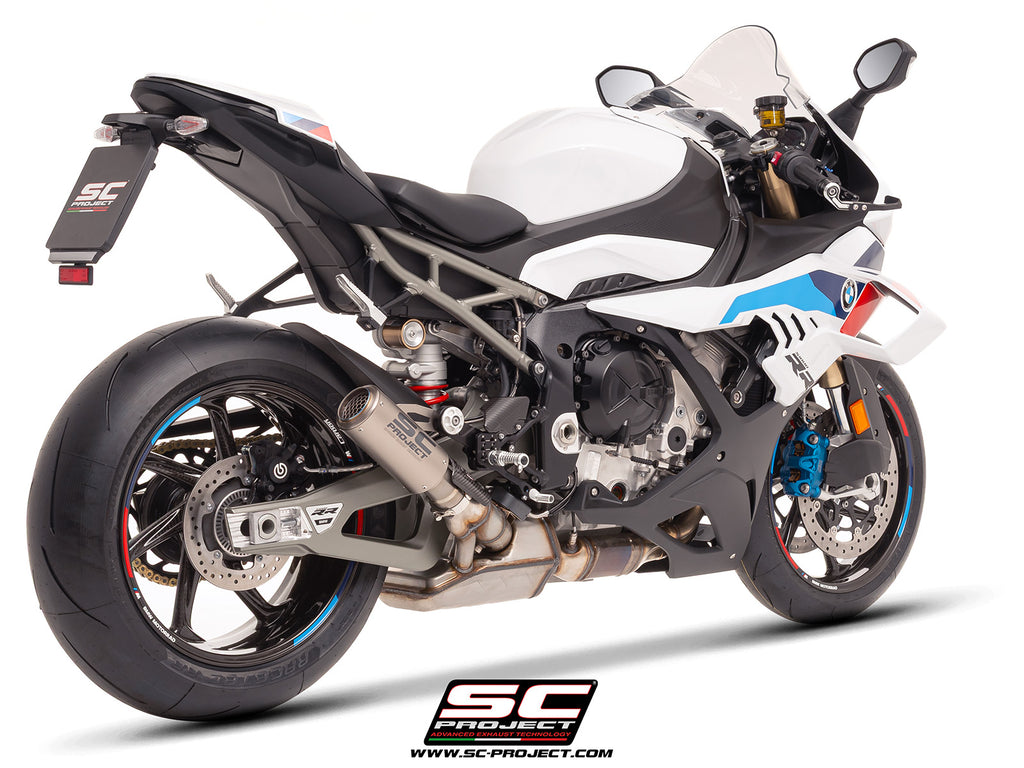 BMW S 1000 RR with SC-Project CR-T titanium exhaust, with stoneguard grid, 3/4 rear view