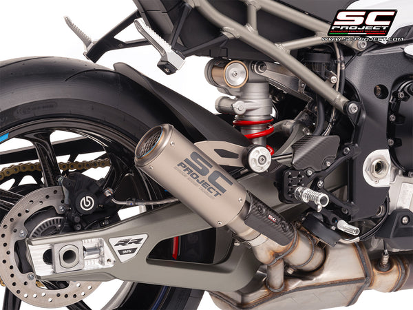 BMW S 1000 RR with SC-Project CR-T titanium exhaust, with stoneguard grid, detail view