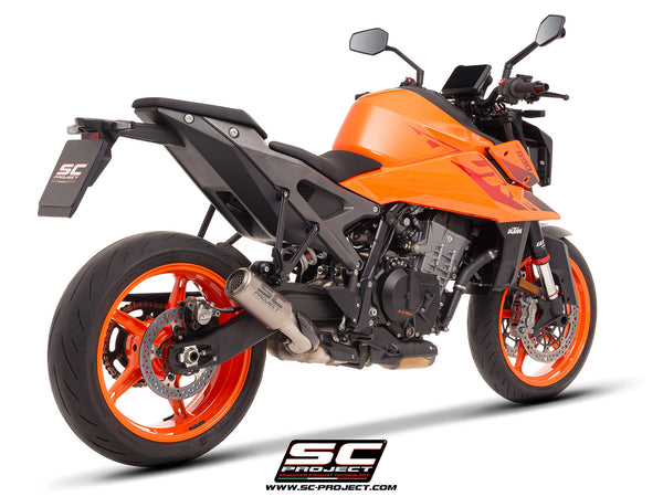 KTM 990 Duke with SC-Project CR-T titanium exhaust, with stoneguard grid, 3/4 rear view
