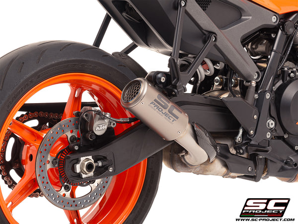 KTM 990 Duke with SC-Project CR-T titanium exhaust, with stoneguard grid, detail view