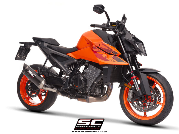 KTM 990 Duke with SC-Project SC1-X carbon exhaust, 3/4 front view