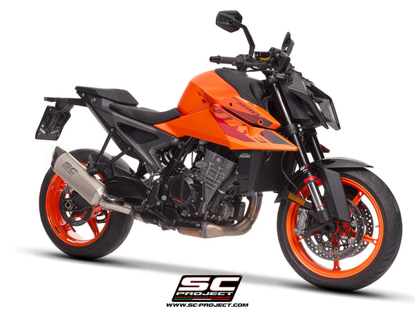 KTM 990 Duke with SC-Project SC1-X titanium exhaust, 3/4 front view