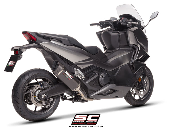 Honda Forza 750 with SC-Project SC1-R carbon exhaust, 3/4 rear view