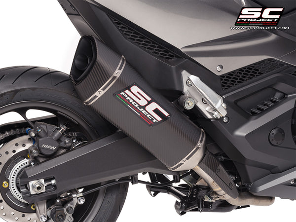 Honda Forza 750 with SC-Project SC1-R carbon exhaust, detail view