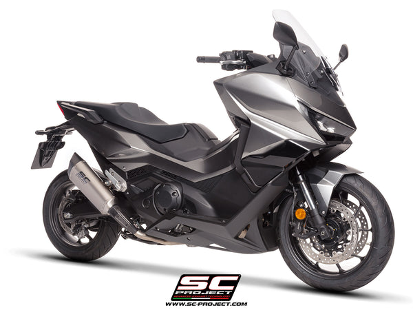 Honda Forza 750 with SC-Project SC1-R titanium exhaust, 3/4 front view