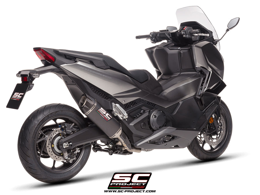 Honda Forza 750 with SC-Project SC1-X carbon exhaust, 3/4 rear view