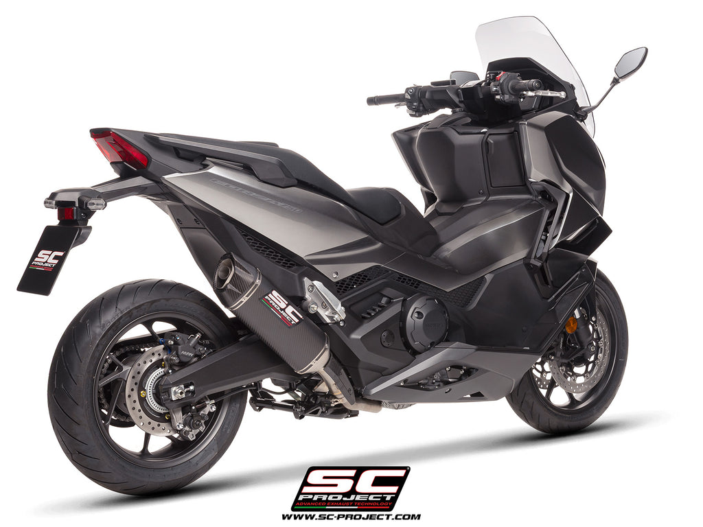 Honda Forza 750 with SC-Project SC1-X carbon exhaust, 3/4 rear view