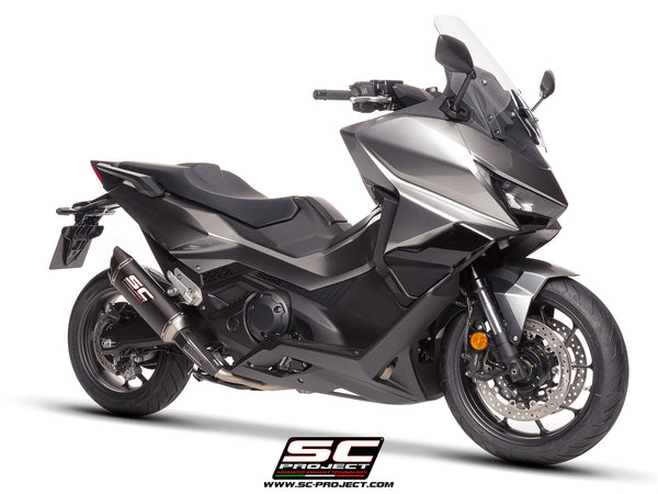 Honda Forza 750 with SC-Project SC1-X carbon exhaust, 3/4 front view