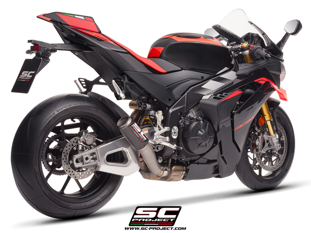 Aprilia RSV4 2025 with SC-Project CR-T carbon exhaust, with stoneguard grid, 3/4 rear view