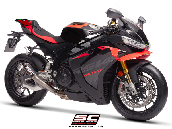 Aprilia RSV4 2025 with SC-Project CR-T carbon exhaust, with stoneguard grid, 3/4 front view
