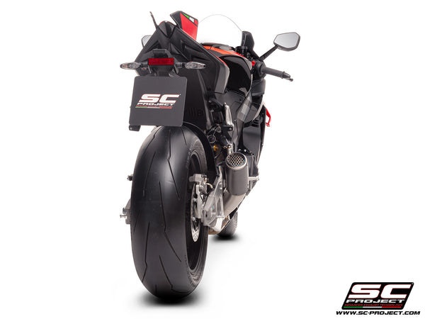Aprilia RSV4 2025 with SC-Project CR-T carbon exhaust, with stoneguard grid, back view