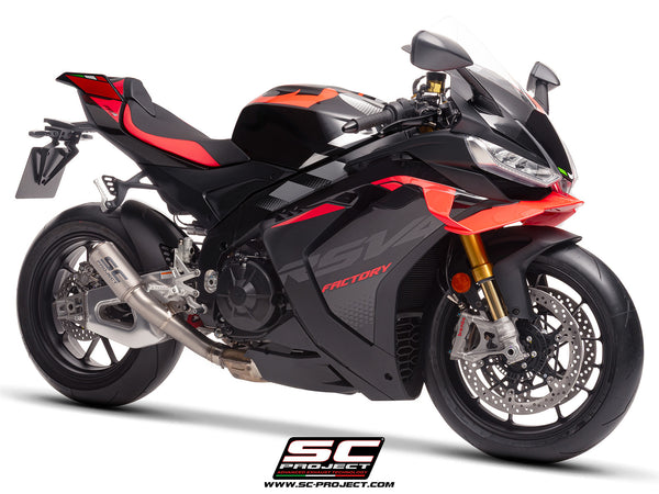 Aprilia RSV4 2025 with SC-Project CR-T titanium exhaust, with stoneguard grid, 3/4 front view