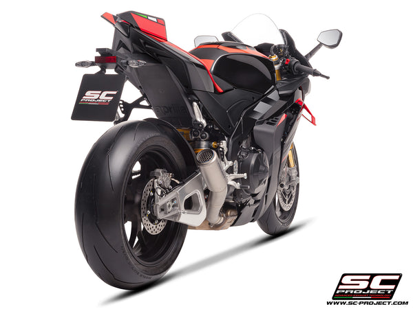 Aprilia RSV4 2025 with SC-Project CR-T titanium exhaust, with stoneguard grid, rear view
